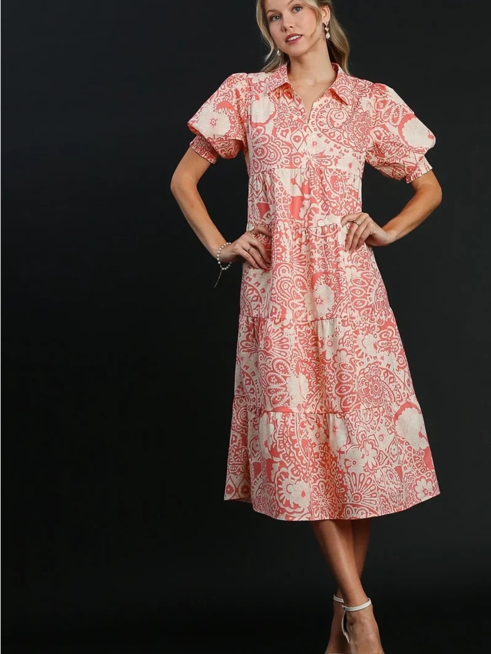 Umgee Coral Pink Printed Short-Sleeve Midi Dress